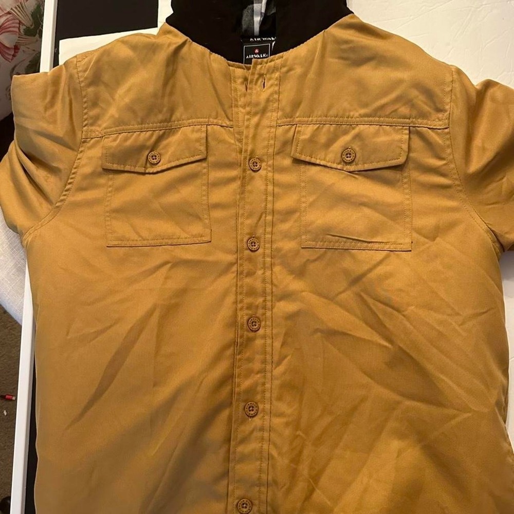 AIRWALK Men's Hooded Shirt Jacket Size L Tan Brown Button Up Plaid Lined Flannel